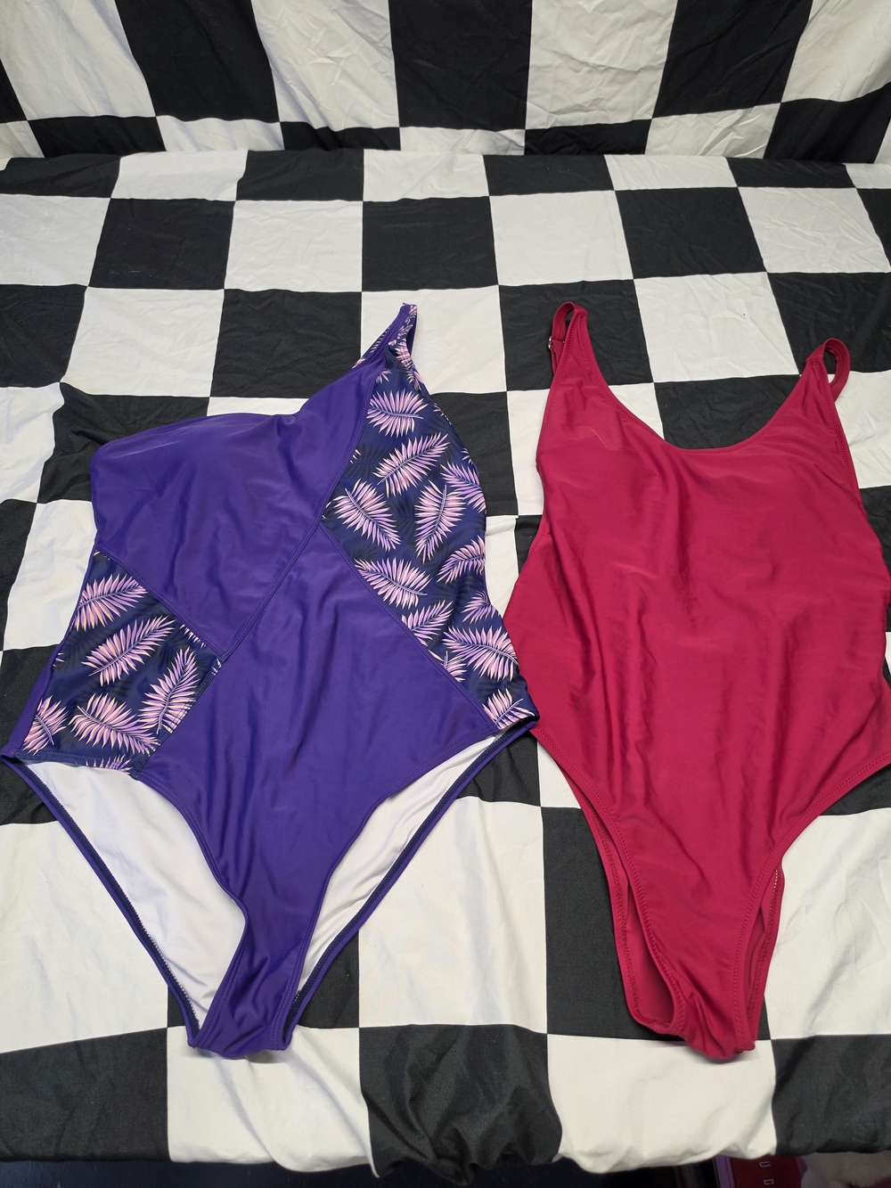 Women’s One-Piece Swimsuit — Purple Palm Print & Magenta Solid